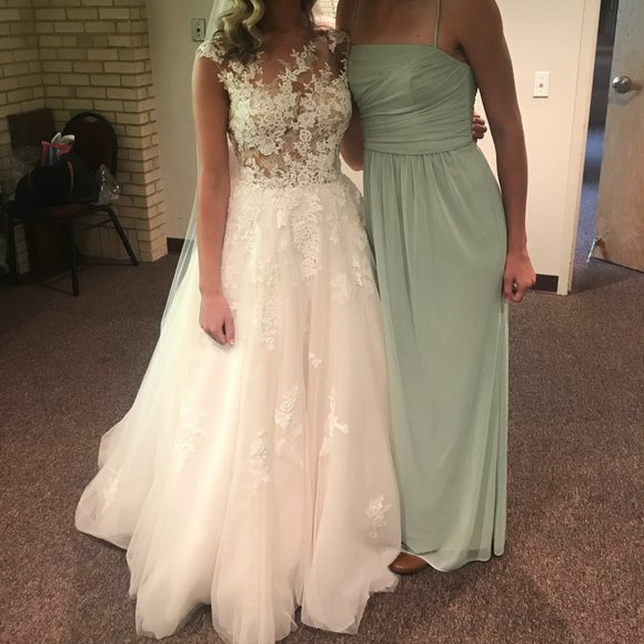 David's Bridal Long Mesh Dress w/ Spaghetti Straps - Picture 3 of 5